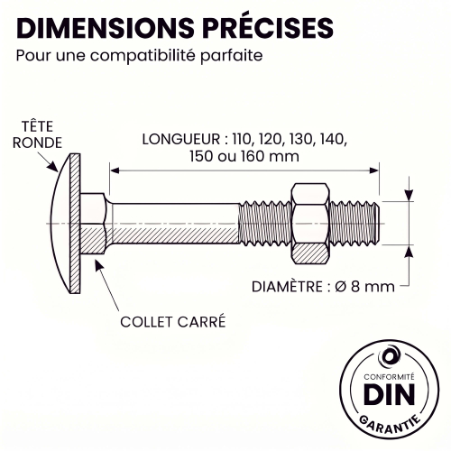 50 Boulons tête ronde collet carré DIN603/555 acier zingués blanc diamètre 8,0 mm