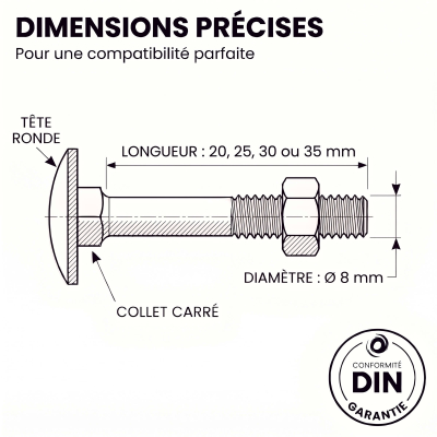 200 Boulons tête ronde collet carré DIN603/555 acier zingués blanc diamètre 8,0 mm 2