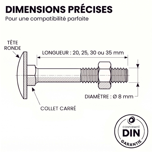 200 Boulons tête ronde collet carré DIN603/555 acier zingués blanc diamètre 8,0 mm