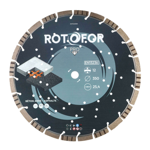 Disque diamant turbo Rotofor - Alésage 25,4 mm - Hauteur segment 12 mm - Coupe béton et granit