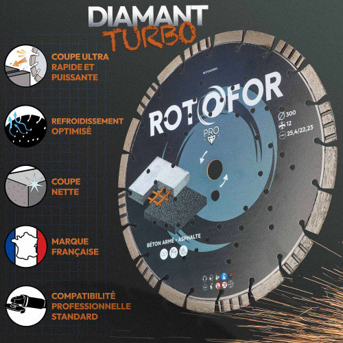 Disque diamant turbo Rotofor - Alésage 25,4 mm - Hauteur segment 12 mm - Coupe béton et granit