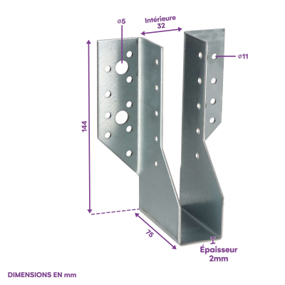 10 sabots de charpente à ailes extérieures - Connecteurs de poutres - Acier galvanisé - Larg 32 x Ht 144 mm - Fabriqué en Europe