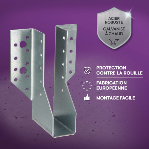 10 sabots de charpente à ailes extérieures - Connecteurs de poutres - Acier galvanisé - Larg 32 x Ht 144 mm - Fabriqué en Europe