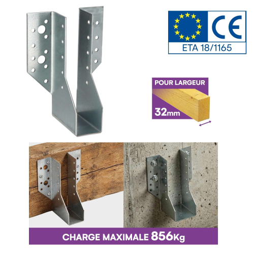 10 sabots de charpente à ailes extérieures - Connecteurs de poutres - Acier galvanisé - Larg 32 x Ht 144 mm - Fabriqué en Europe