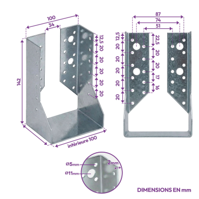 10 sabots de charpente à ailes intérieures - Larg. 100 x Ht. 142 mm - Connecteurs de poutres - Acier galva - Fabriqué en Europe 2
