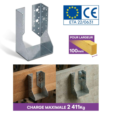 10 sabots de charpente à ailes intérieures - Larg. 100 x Ht. 142 mm - Connecteurs de poutres - Acier galva - Fabriqué en Europe