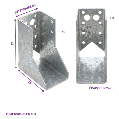 10 sabots de charpente à ailes intérieures - Larg. 45 x Ht. 97 mm - Connecteurs de poutres - Acier galva - Fabriqué en Europe