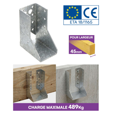 10 sabots de charpente à ailes intérieures - Larg. 45 x Ht. 97 mm - Connecteurs de poutres - Acier galva - Fabriqué en Europe