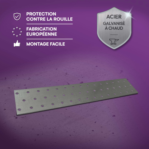 20 plaques d'assemblage perforées - Connecteurs bois - Acier galvanisé - 300x60 mm - Epaisseur 2 mm - Fabrication européenne