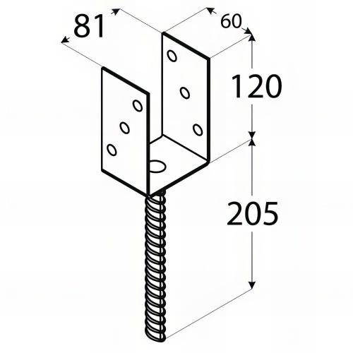 Pied de poteau lourd en U zingué à ancrer - 81 x 120 x 4 mm
