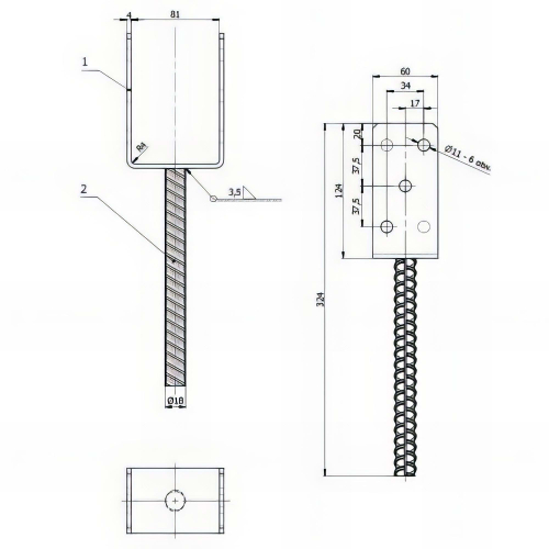 Pied de poteau lourd en U zingué à ancrer - 81 x 120 x 4 mm