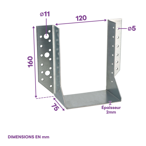 10 sabots de charpente à ailes extérieures - Connecteurs de poutres - Acier galva - Larg 120 x Ht 160 mm - Fabriqué en Europe