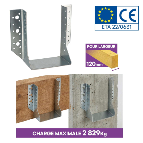 10 sabots de charpente à ailes extérieures - Connecteurs de poutres - Acier galva - Larg 120 x Ht 160 mm - Fabriqué en Europe
