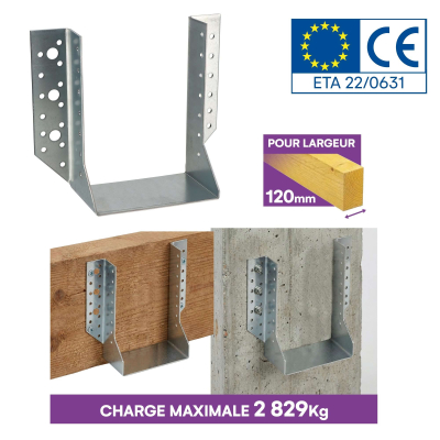 10 sabots de charpente à ailes extérieures - Connecteurs de poutres - Acier galva - Larg 120 x Ht 160 mm - Fabriqué en Europe