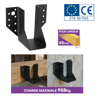 6 sabots de charpente à ailes extérieures - Larg. 45 x Ht. 97mm - Connecteurs de poutres - Acier galva Noir - Fabriqué en Europe