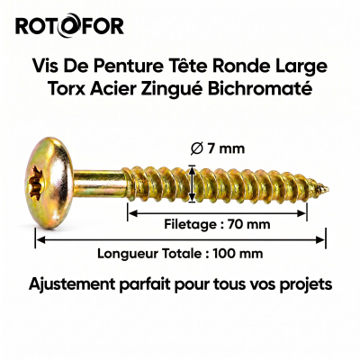 100 Vis Penture Torx acier bichromatées (jaune/or) 7.0 X 100/70