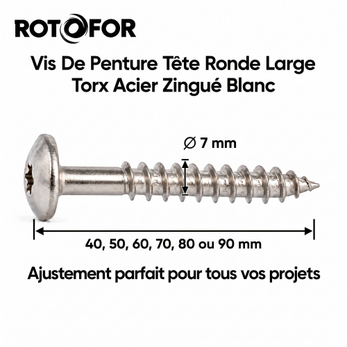 100 Vis Penture Torx acier zingués blanc 7,0 mm
