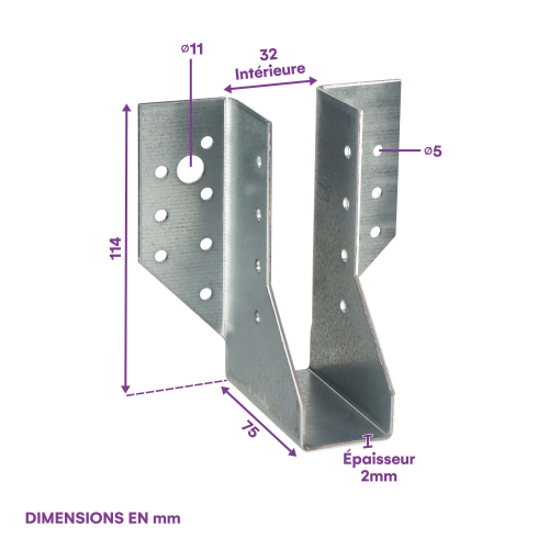 10 sabots de charpente à ailes extérieures - Connecteurs de poutres - Acier galvanisé - Larg 114 x Ht 32 mm - Fabriqué en Europe