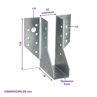 10 sabots de charpente à ailes extérieures - Connecteurs de poutres - Acier galvanisé - Larg 114 x Ht 32 mm - Fabriqué en Europe