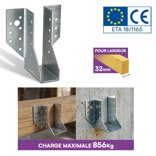 10 sabots de charpente à ailes extérieures - Connecteurs de poutres - Acier galvanisé - Larg 114 x Ht 32 mm - Fabriqué en Europe
