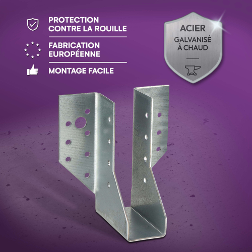 10 sabots de charpente à ailes extérieures - Connecteurs de poutres - Acier galvanisé - Larg 114 x Ht 32 mm - Fabriqué en Europe