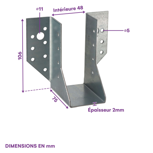 10 sabots de charpente à ailes extérieures - Connecteurs de poutres - Acier galvanisé - Larg 48 x Ht 106 mm - Fabriqué en Europe