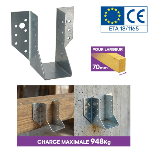 10 sabots de charpente à ailes extérieures - Connecteurs de poutres - Acier galvanisé - Larg 48 x Ht 106 mm - Fabriqué en Europe