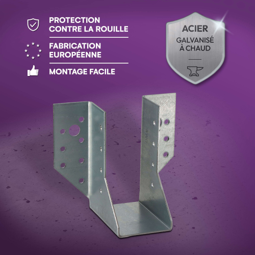 10 sabots de charpente à ailes extérieures - Connecteurs de poutres - Acier galvanisé - Larg 48 x Ht 106 mm - Fabriqué en Europe
