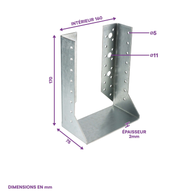 10 sabots de charpente à ailes intérieures - Larg. 160 x Ht. 170 mm - Connecteurs de poutres - Acier galva - Fabriqué en Europe 2