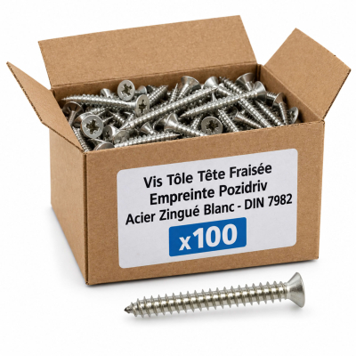 100 Vis tôle tête fraisée pozidriv acier zingués blanc DIN7982 Diamètre 4,8 mm