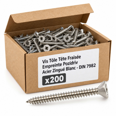 200 Vis tôle tête fraisée pozidriv acier zingués blanc DIN7982 Diamètre 5,5 mm