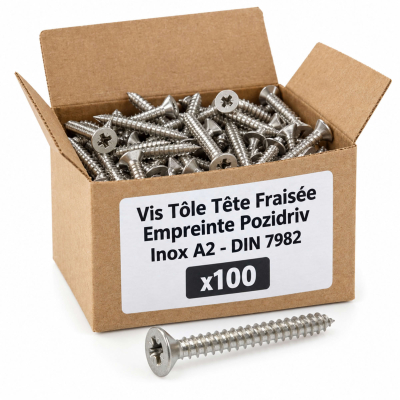 100 Vis tôle tête fraisée pozidriv Inox A2 DIN7982 Diamètre 5,5 mm