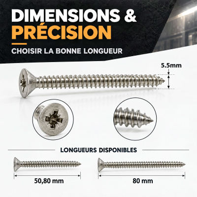 50 Vis tôle tête fraisée pozidriv Inox A2 DIN7982 Diamètre 5,5 mm 2
