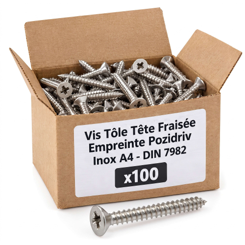 100 Vis tôle tête fraisée pozidriv Inox A4 DIN7982 Longueur 19 mm