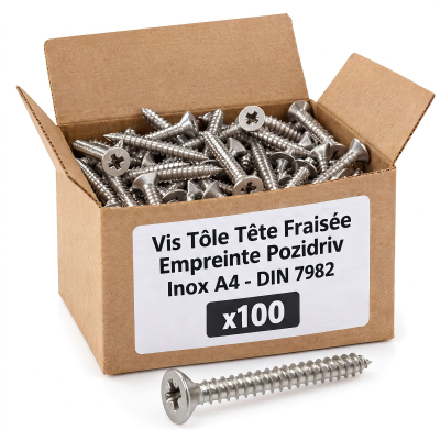 100 Vis tôle tête fraisée pozidriv Inox A4 DIN7982 Longueur 19 mm
