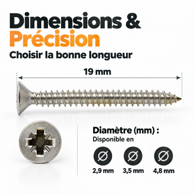100 Vis tôle tête fraisée pozidriv Inox A4 DIN7982 Longueur 19 mm 2