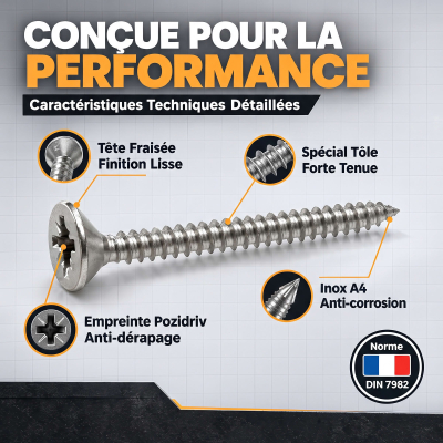 100 Vis tôle tête fraisée pozidriv Inox A4 DIN7982 Longueur 19 mm