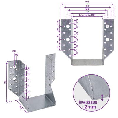 10 sabots de charpente à ailes extérieures - Connecteurs de poutres - Acier galvanisé - Larg 100 x Ht 142mm - Fabriqué en Europe 2