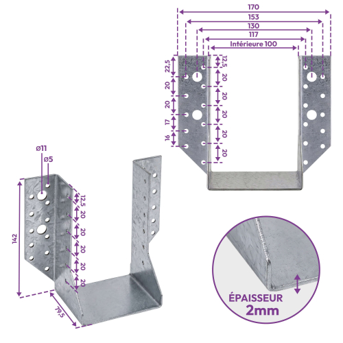 10 sabots de charpente à ailes extérieures - Connecteurs de poutres - Acier galvanisé - Larg 100 x Ht 142mm - Fabriqué en Europe