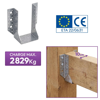 10 sabots de charpente à ailes extérieures - Connecteurs de poutres - Acier galvanisé - Larg 100 x Ht 142mm - Fabriqué en Europe