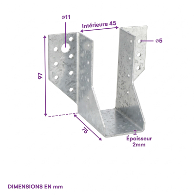 10 sabots de charpente à ailes extérieures - Larg 45 x Ht 97mm - Connecteurs de poutres - Acier galvanisé - Fabriqué en Europe