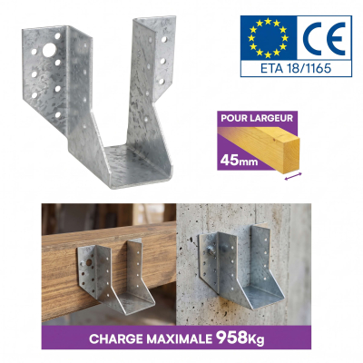 10 sabots de charpente à ailes extérieures - Larg 45 x Ht 97mm - Connecteurs de poutres - Acier galvanisé - Fabriqué en Europe