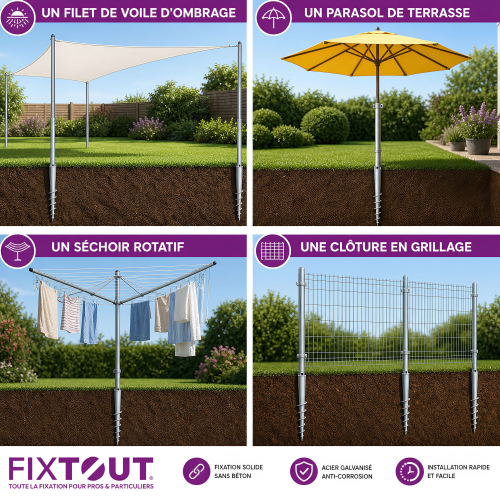Pied de poteau de jardin rond zingué à tarauder avec accessoires - D. 60 x L. 550 mm - 60 x 550 x 1,7 mm
