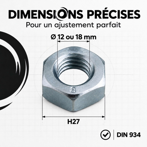 50 écrous HU classe (8) DIN934 acier zingués blanc