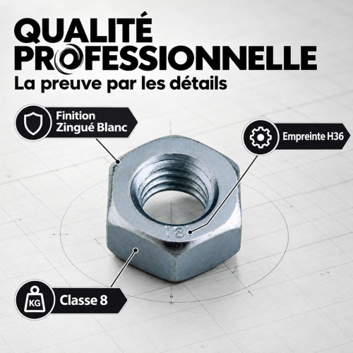 50 écrous HU classe (8) DIN934 acier zingués blanc