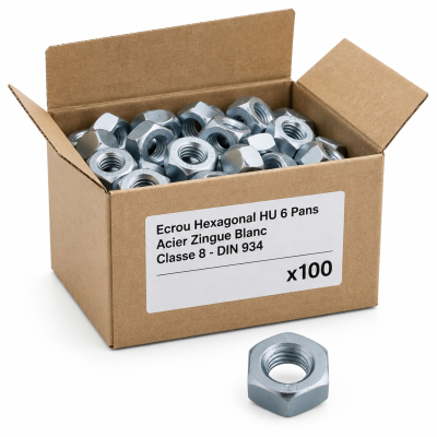 100 écrous hexagonaux DIN934 10,9 acier zingués blanc