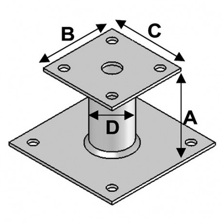 Pied de poteau avec platine type PP-150 (A x B x C x D x ép) 150 x 90 x 80 x 42 x 4,0 mm - AL-PP150 - Alsafix